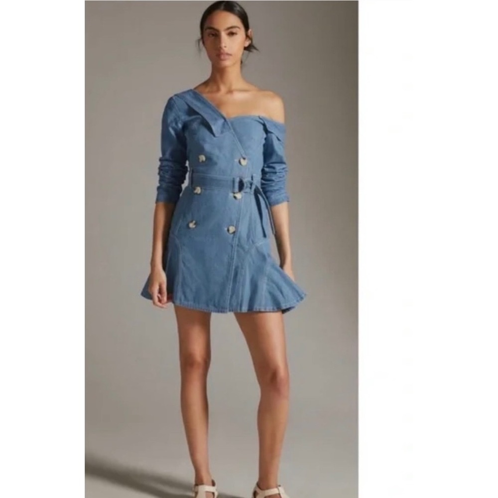 Anthropologie ATSU One Shoulder Denim Mini‎ Dress Sz 6 Blue Belted Off Shoulder